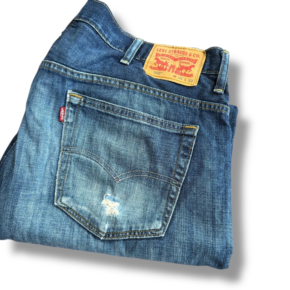 Levi Strauss Co 569 Loose Straight Fit Jeans Mens 38x32 (40x32) Blue‎ Distressed